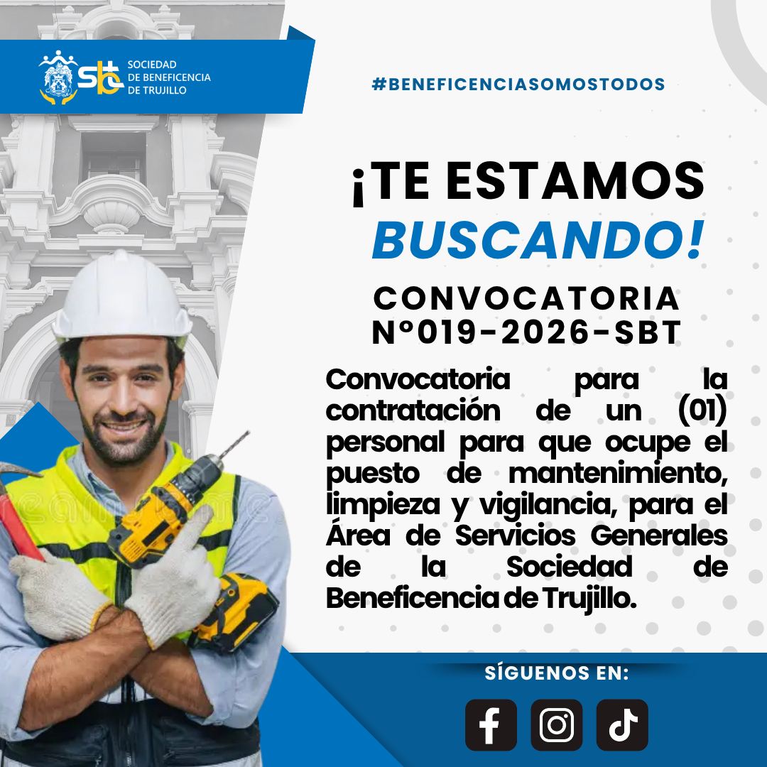 Convocatoria N°019-2026-SBT para la contratación de un (01) personal para que ocupe el puesto de mantenimiento, limpieza y vigilancia, para el Área de Servicios Generales 